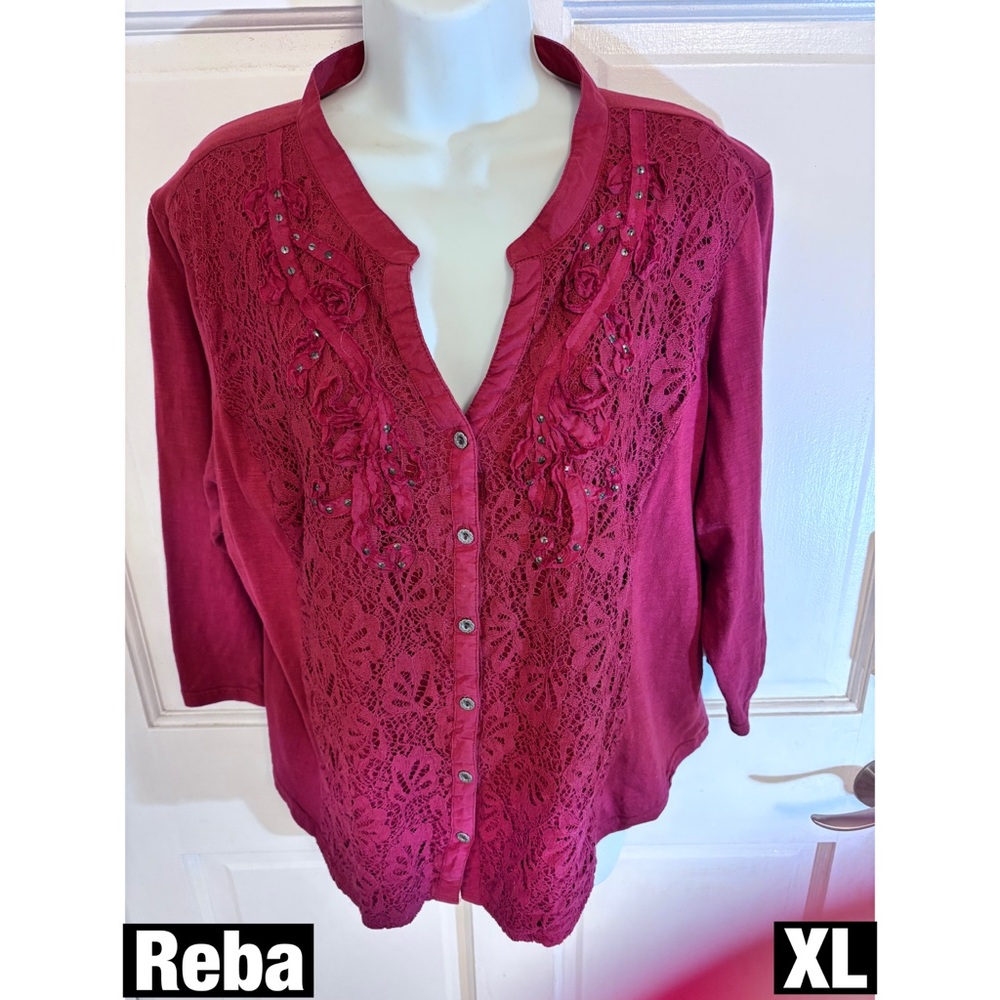 Reba Women's Deep Red Lace Button-Down Shirt with Studs